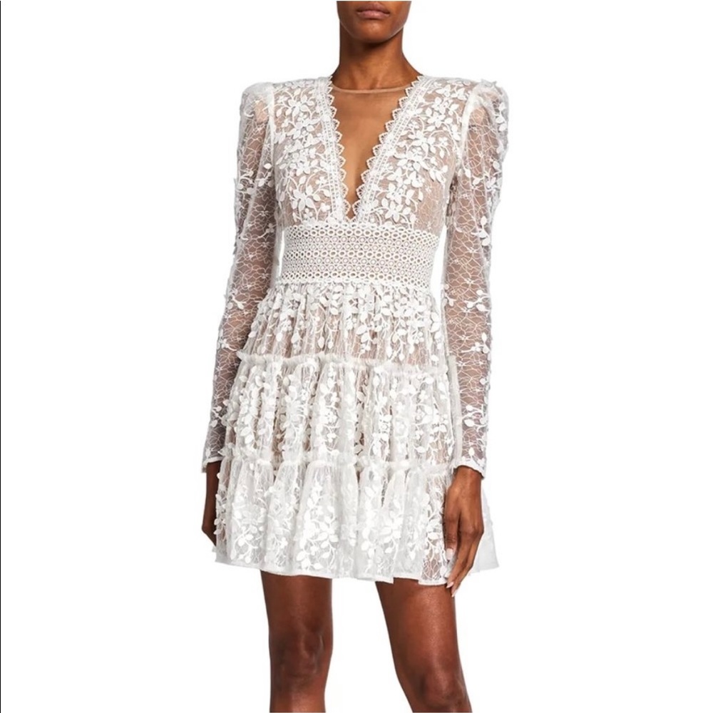 Bronx and Banco Megan White Lace Flower Embroidered Long Sleeve Mini Dress
